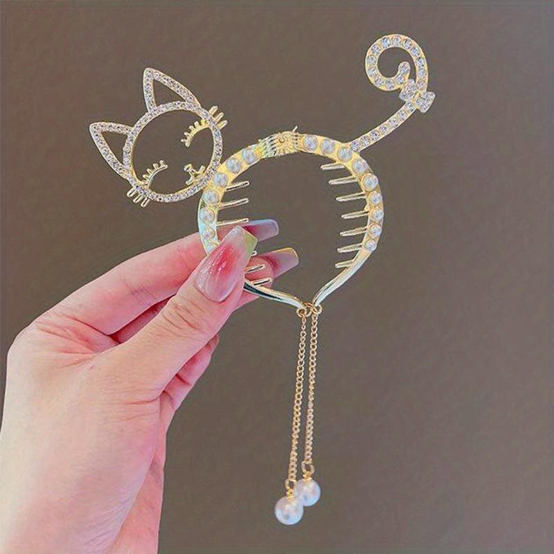 Crystal Banana Hair Clip With Faux Pearl Tassel Ponytail Bun Holder