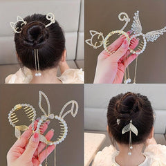 Crystal Banana Hair Clip With Faux Pearl Tassel Ponytail Bun Holder