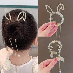 Crystal Banana Hair Clip With Faux Pearl Tassel Ponytail Bun Holder