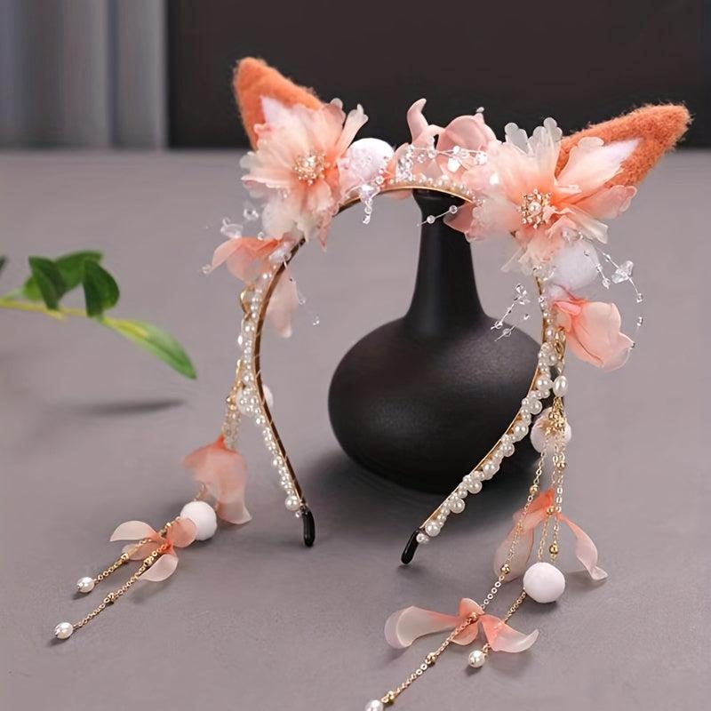 Faux Pearl Cat Ears Head Hoop with Tassel Hair Band
