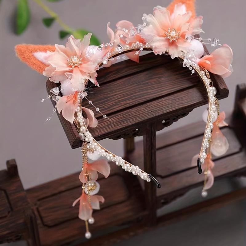 Faux Pearl Cat Ears Head Hoop with Tassel Hair Band