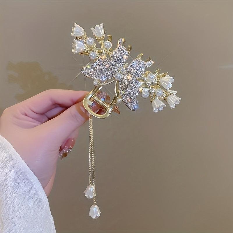 Flower Butterfly Rhinestone Tassel Hair Clip Lily Of Valley Back Head Clip