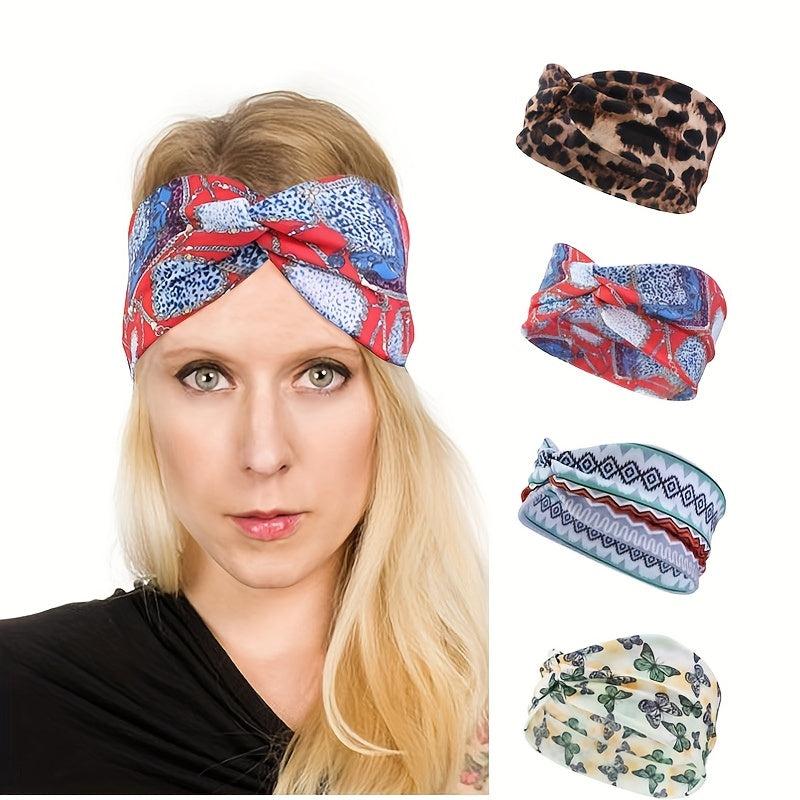 Boho Women Print Cross Knotted Headband Elastic Head Wrap Bandana