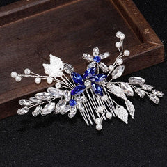 Bridal Hair Comb Vintage Silver Sapphire Rhinestone Crystal Ivory Pearl