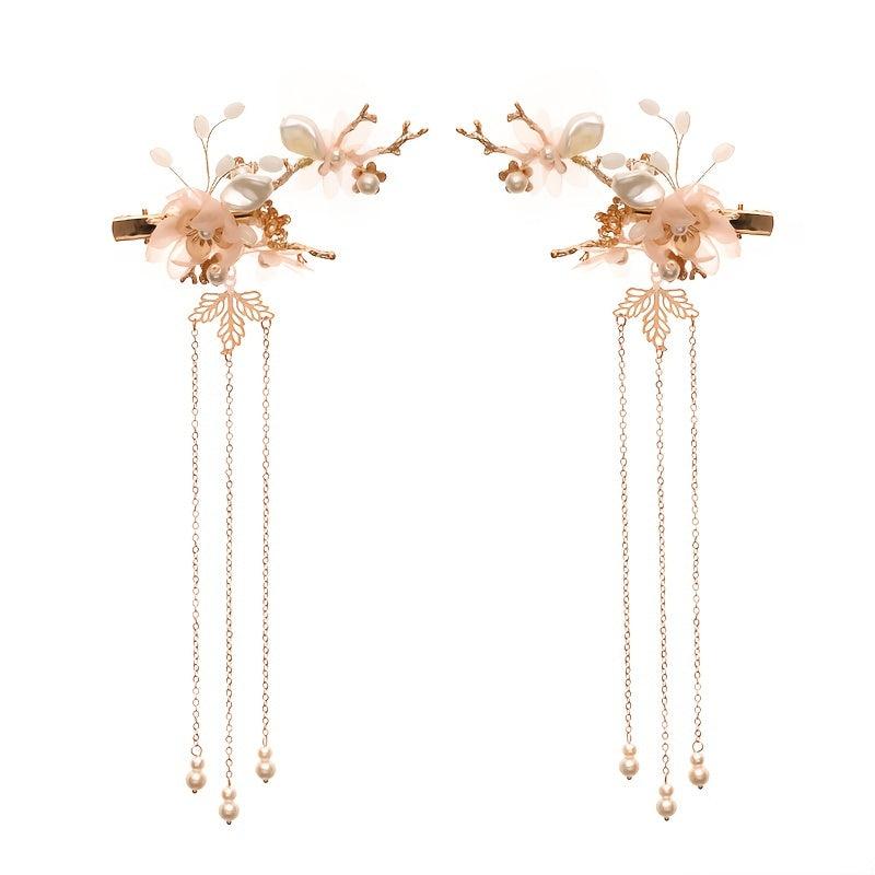 Chinese Style Hanfu Hairclip Faux Pearl Flower Tassel Hairpin