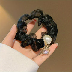 1PC Square Faux Pearl Rhinestone Pendant Scrunchie Hair Decoration