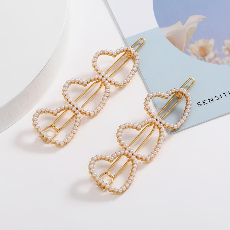 2pcs Faux Pearl Love Hair Clip Golden Hair Accessories