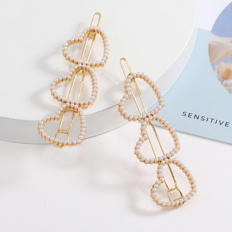 2pcs Faux Pearl Love Hair Clip Golden Hair Accessories
