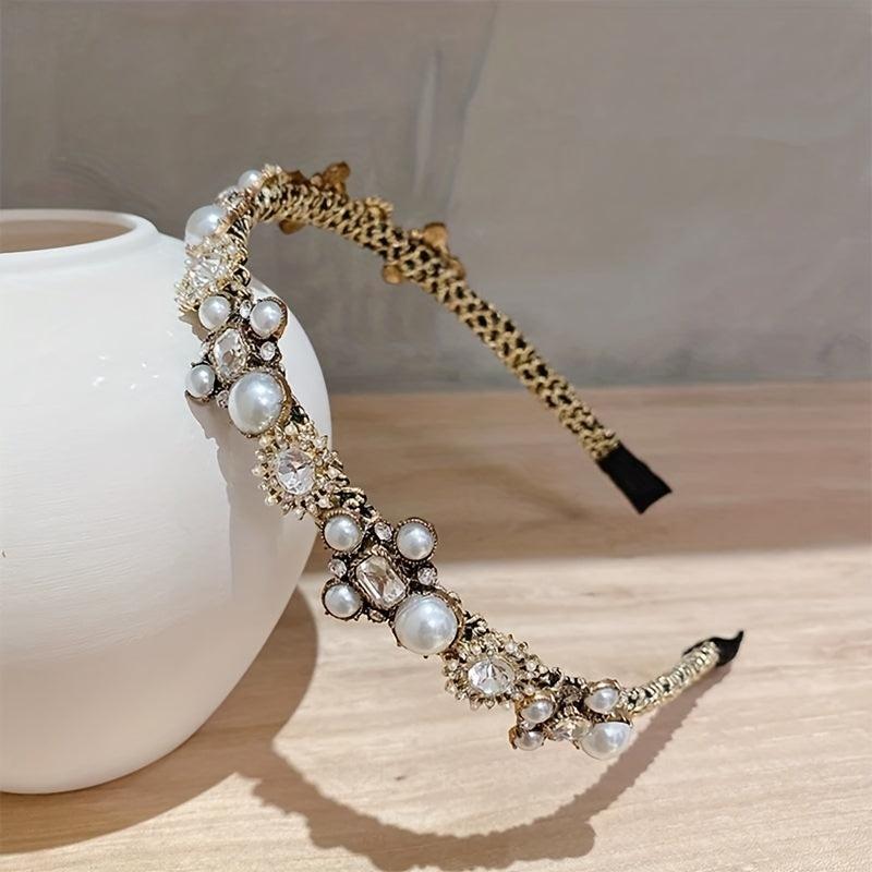 Baroque Rhinestone Headband Faux Pearl Hoop Glitter Hair Band
