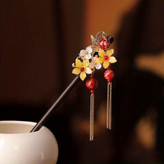 Vintage Flower Hairpin Tassel Faux Pearl Rhinestone Hair Stick