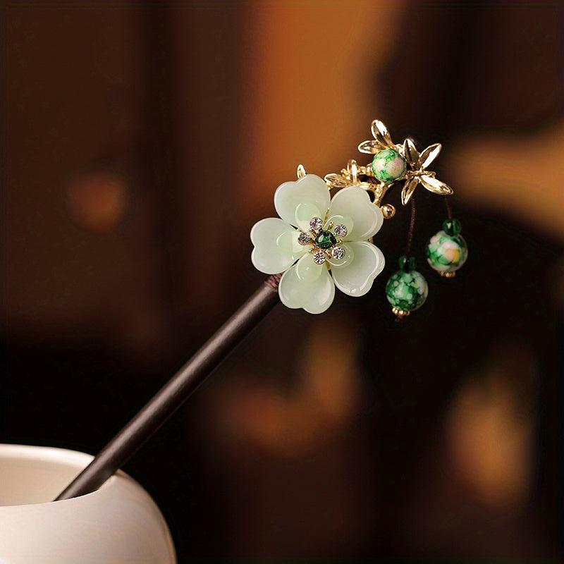 Vintage Flower Hairpin Tassel Faux Pearl Rhinestone Hair Stick