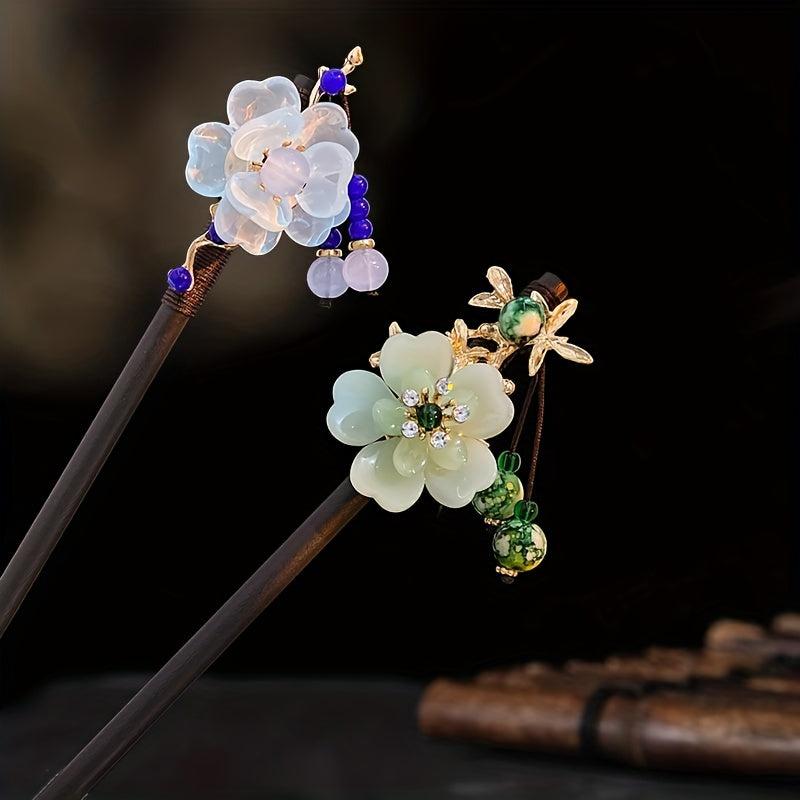 Vintage Flower Hairpin Tassel Faux Pearl Rhinestone Hair Stick