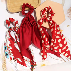 3pcs Red Floral Heart Hair Scrunchies Chiffon Elastic Hair Scarf Scrunchies