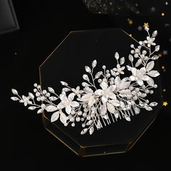 Crystal Silver Pearl Bridal Comb Floral Wedding Rhinestone Pearl Comb