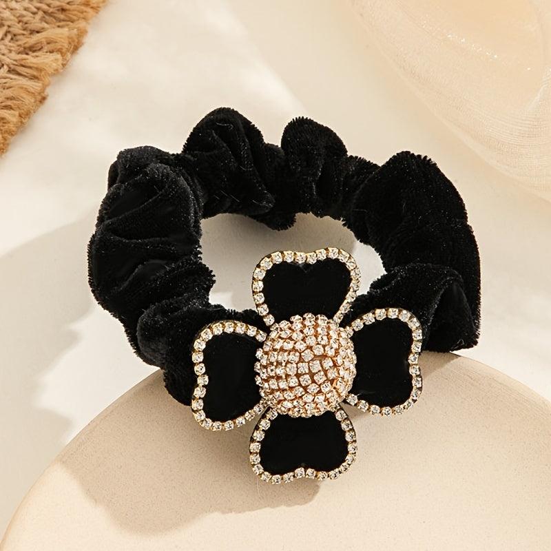 Rhinestone Flower Velvet Scrunchie Hair Tie Party Prom Accessory
