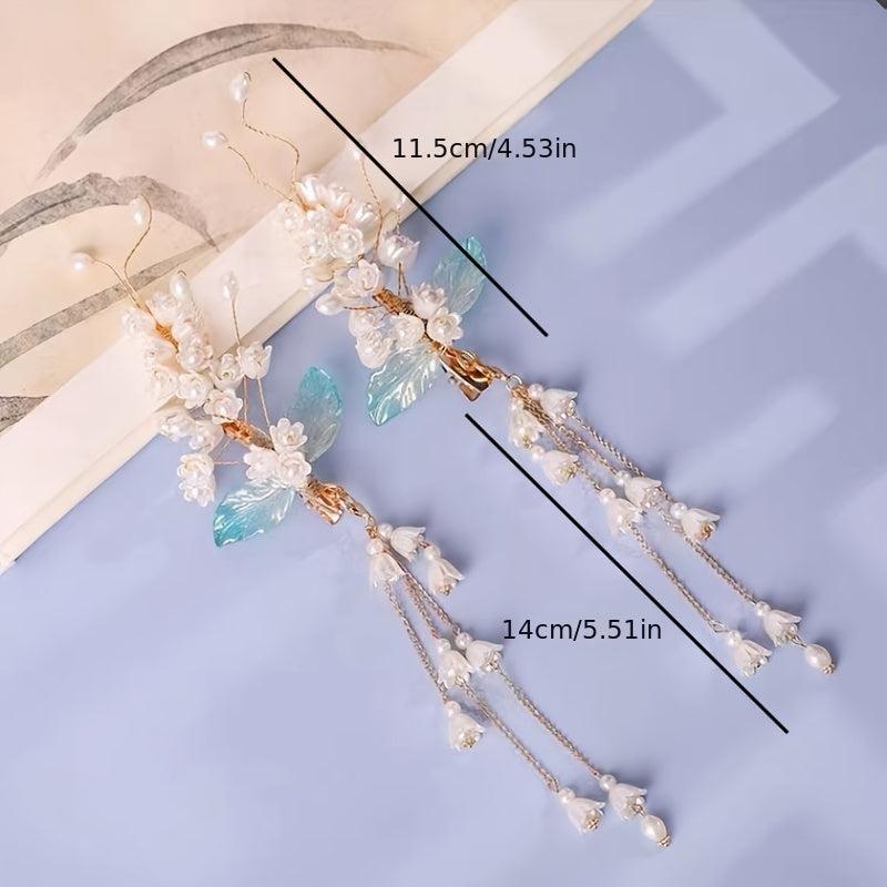 Vintage Chinese Style Hanfu Hairpin with Faux Pearl Flower Leaf