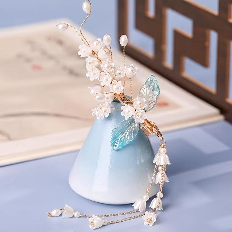Vintage Chinese Style Hanfu Hairpin with Faux Pearl Flower Leaf