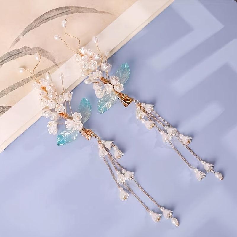 Vintage Chinese Style Hanfu Hairpin with Faux Pearl Flower Leaf