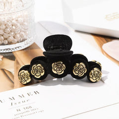 Velvet Flower Rose Hair Claw Clip, Pearl Accent, Winter Styling