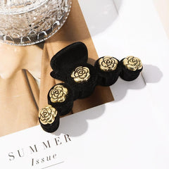 Velvet Flower Rose Hair Claw Clip, Pearl Accent, Winter Styling