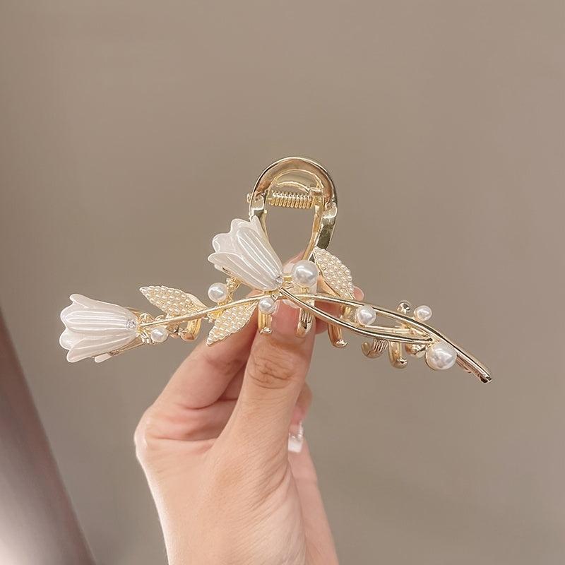 Tulip Ginkgo Faux Pearl Metal Hair Claw Clip Flower Hair Jaw Clips