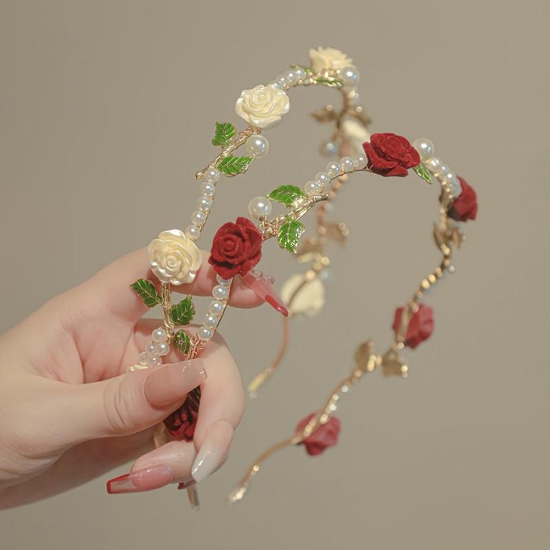 Retro Flower Faux Pearl Headband Metal Headdress Skinny Head Hoop