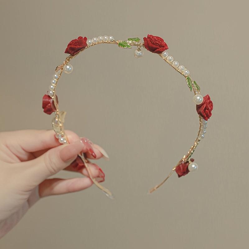Retro Flower Faux Pearl Headband Metal Headdress Skinny Head Hoop