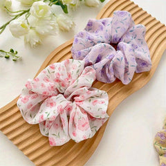 3pcs Large Floral Hair Scrunchies Violet Fabric Headdress Hair Rope
