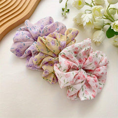 3pcs Large Floral Hair Scrunchies Violet Fabric Headdress Hair Rope