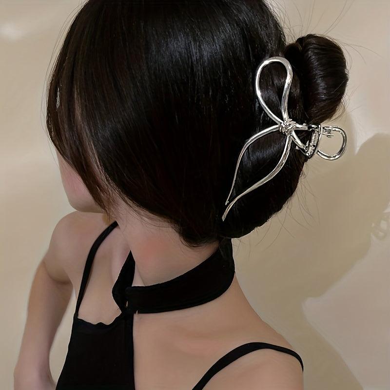 Metal Bowknot Silvery Hair Claw Clip Non Slip Strong Hold Grip Hair Jaw Clip