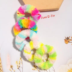 5pcs Rainbow Stripe Fuzzy Furry Faux Fur Hair Tie Scrunchies