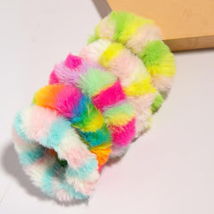5pcs Rainbow Stripe Fuzzy Furry Faux Fur Hair Tie Scrunchies