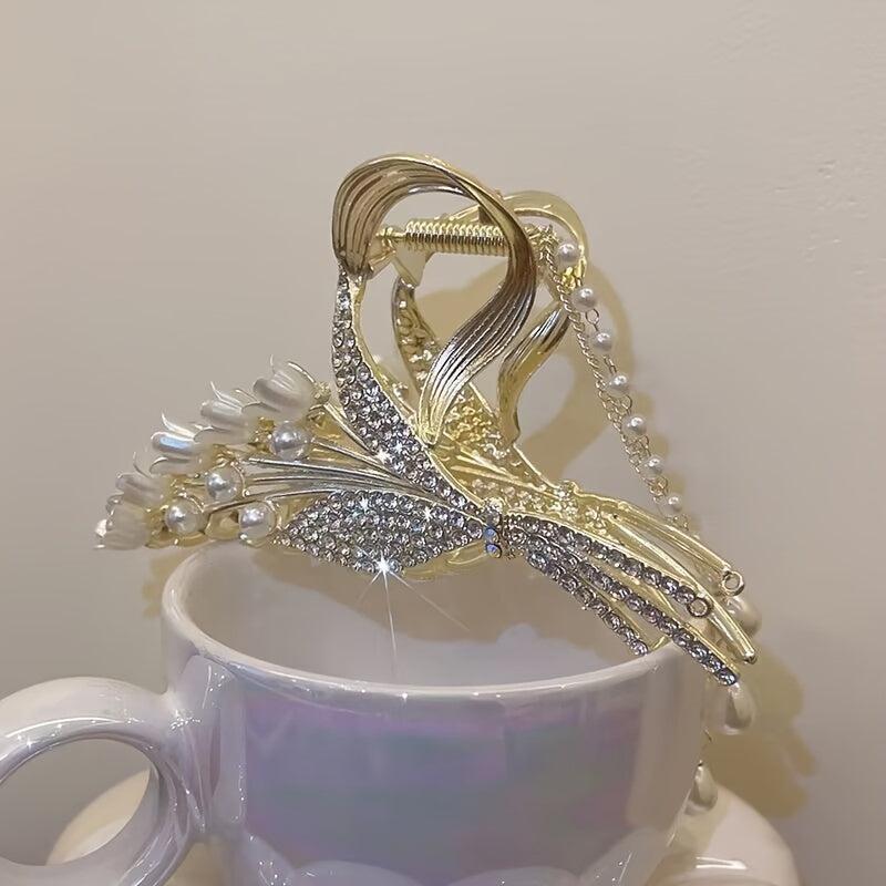 Beige Flower Hair Claws Pearl Tassel Hair Claws Hair Accessories