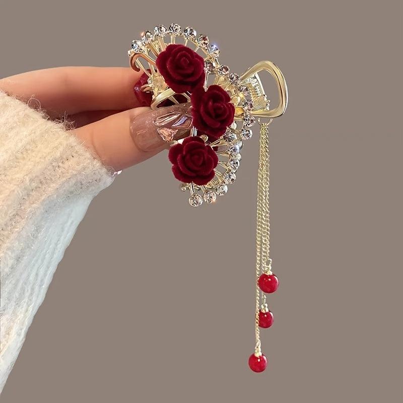 Flocked Rose Flower Hair Claw Clip Rhinestone Tassel Hair Clip