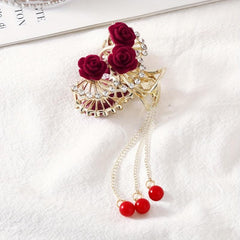 Flocked Rose Flower Hair Claw Clip Rhinestone Tassel Hair Clip
