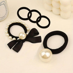 5pcs Faux Pearl Hair Tie Bowknot Hair Rope Ponytail Holder Hair Accessories