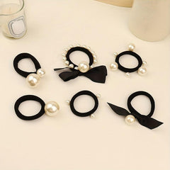 5pcs Faux Pearl Hair Tie Bowknot Hair Rope Ponytail Holder Hair Accessories
