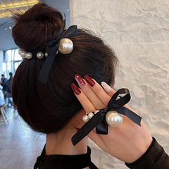 5pcs Faux Pearl Hair Tie Bowknot Hair Rope Ponytail Holder Hair Accessories