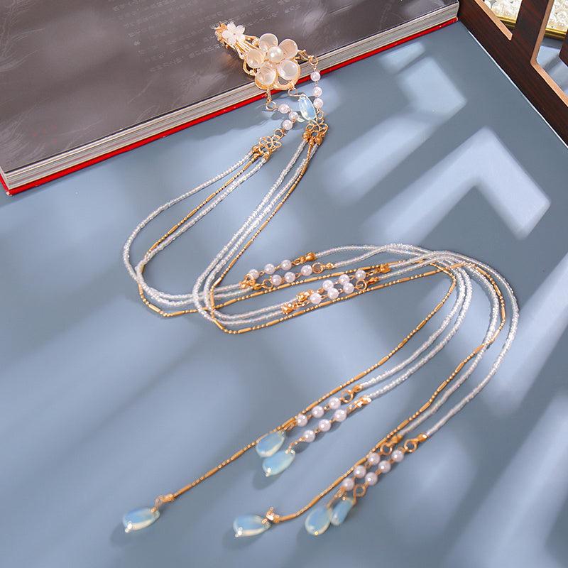 Vintage Chinese Style Hanfu Hair Clip with Faux Pearl Flower Leaf Beaded Tassel