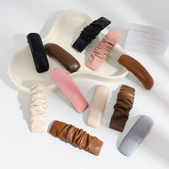 Pleated PU Leather Snap Clip Solid Hair Clip