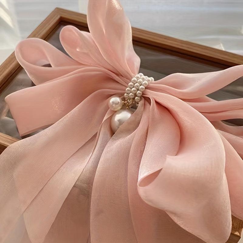 Bow & Faux Pearl Decor Hair Clip French Barrette Silk Hair Pin