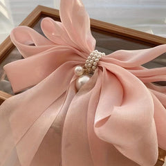 Bow & Faux Pearl Decor Hair Clip French Barrette Silk Hair Pin