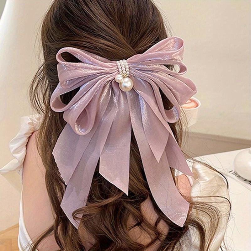 Bow & Faux Pearl Decor Hair Clip French Barrette Silk Hair Pin