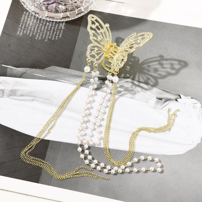 Butterfly Faux Pearl Hair Claw Clip with Tassel Chain Rhinestone Hair Accessory