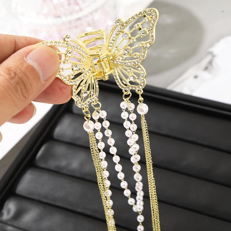 Butterfly Faux Pearl Hair Claw Clip with Tassel Chain Rhinestone Hair Accessory