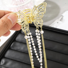 Butterfly Faux Pearl Hair Claw Clip with Tassel Chain Rhinestone Hair Accessory