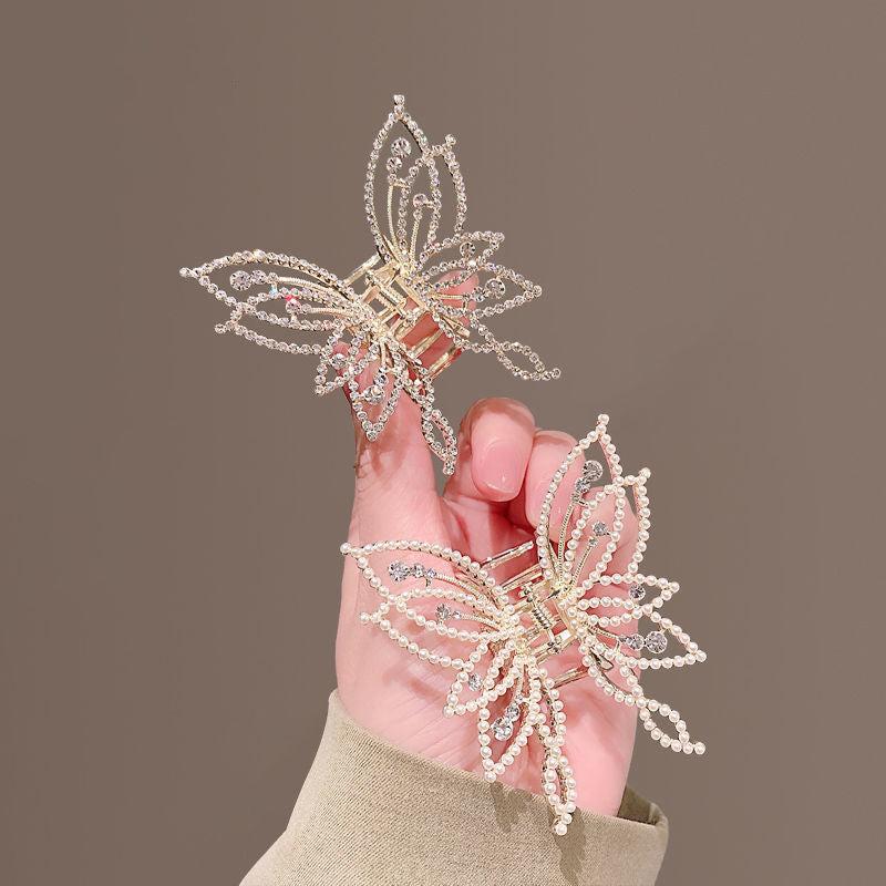 Medium Hair Claw Clip Butterfly Style Non Slip Rhinestone Pearl Decor Barrettes