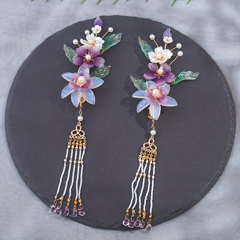 Chinese Style Flower Hair Clip with Beads Pendant