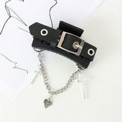 Gothic PU Leather Cross Chain Hair Claw Clip Y2K Punk Hair Accessory