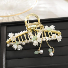 Faux Pearl Lily Flower Tassel Hair Claw Clip Chinese Vintage Accessory